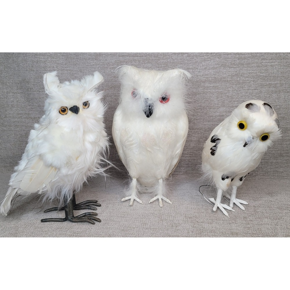 3 Realistic Feathers Owl Figurines Rustic‎ Woodland Decor Natural Fibers